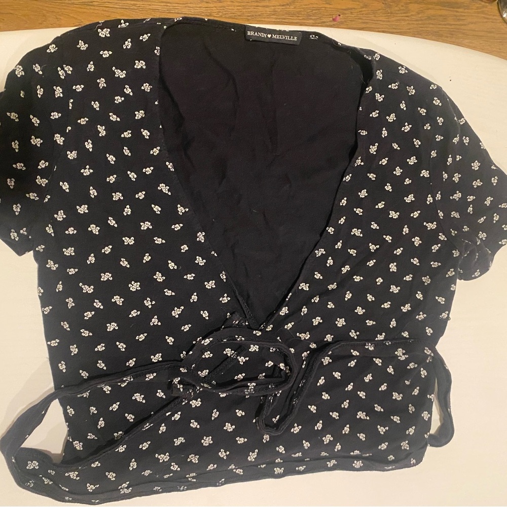 Black Floral Wrap Top by Brandy Melville